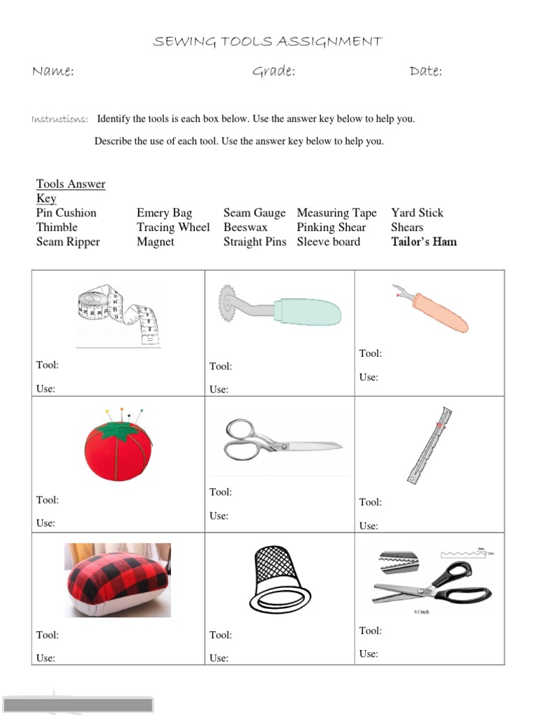 Sewing Tools Worksheet 2 PDF Sewing Seam (Sewing)