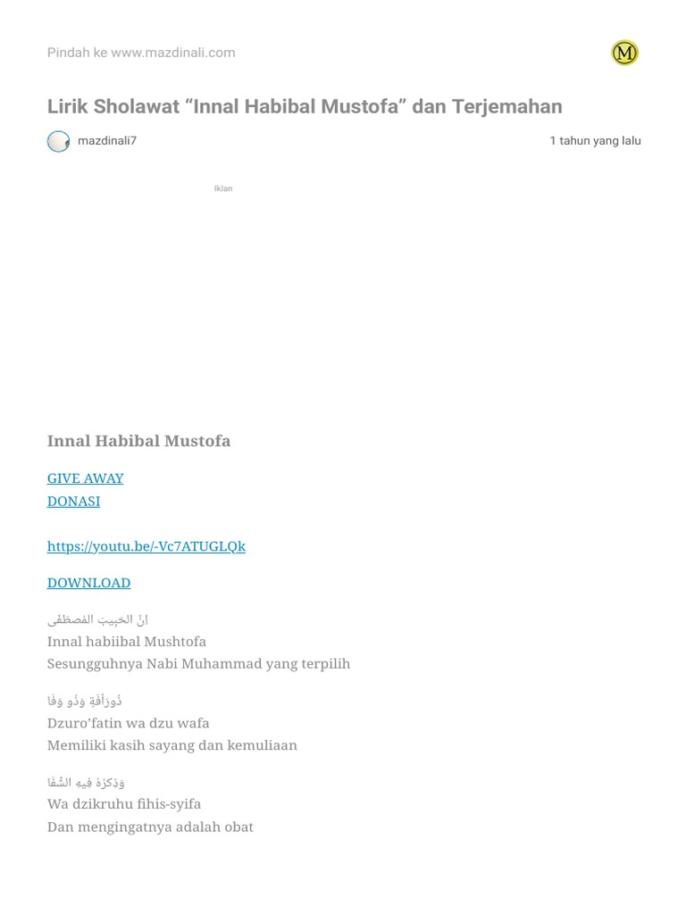 Lirik dan Terjemahan Innal Habibal Mustofa | PDF
