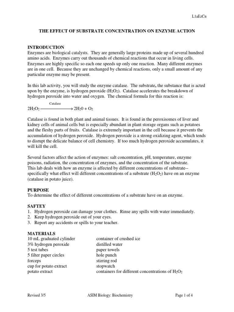 Enzymes Substrate Concentration Lab Procedure PDF Catalase Enzyme