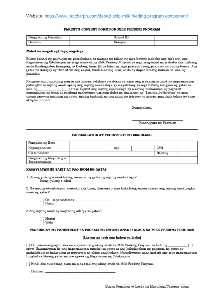 DepEd Parent's Consent Form For Milk Feeding Program | PDF