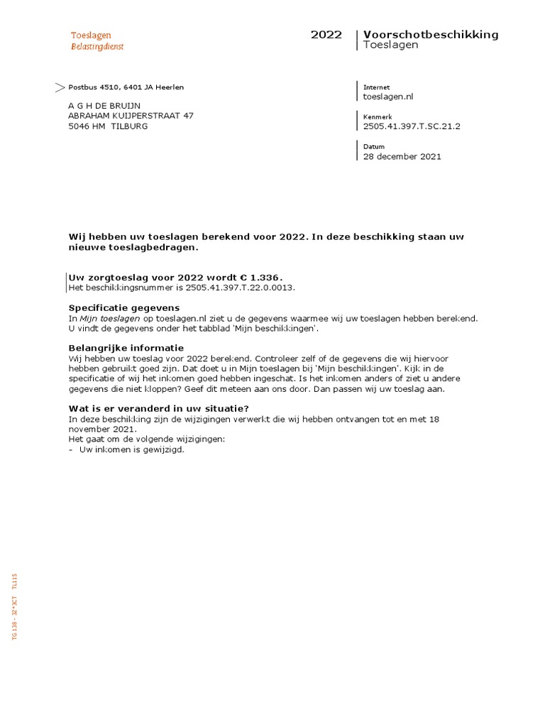 Voorschotbeschikking Toeslagen 2022 PDF