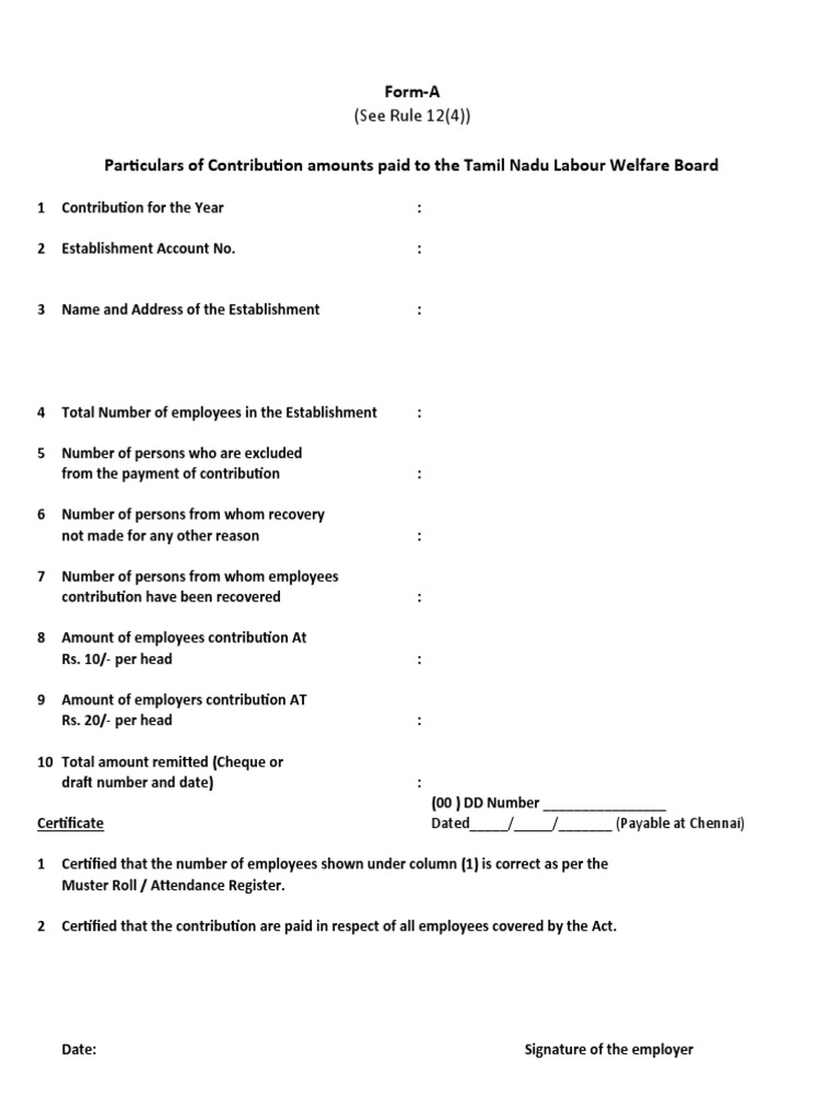 Tamil Nadu Labour Welfare Form-A | PDF | Finance & Money Management | Law