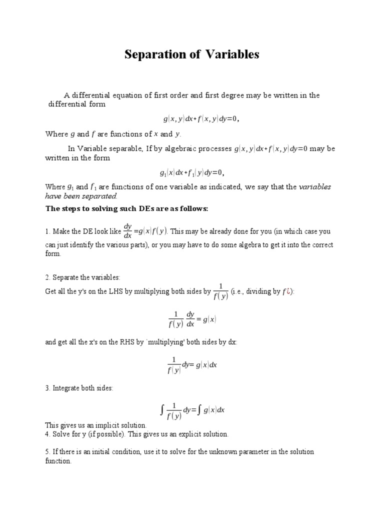 Solving Differential Equations: Separation of Variables | PDF ...