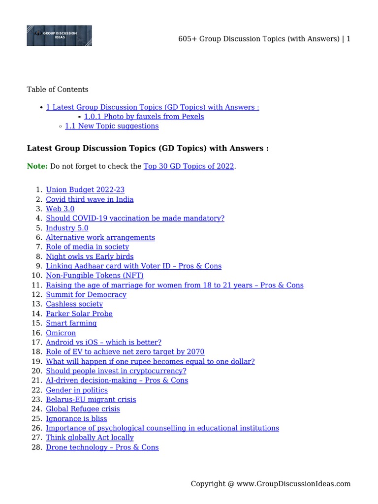 605+ Group Discussion Topics (With Answers) | PDF | Poverty 