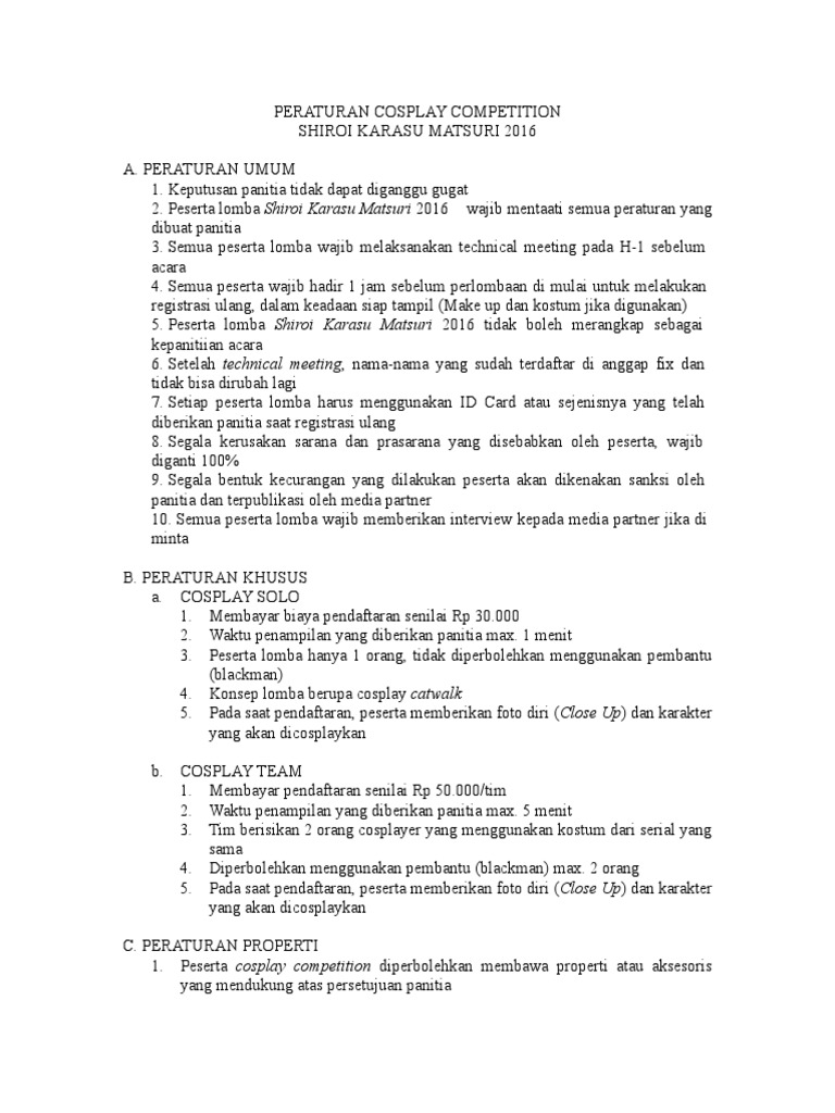 Aturan Lomba Cosplay Shiroi 2016 | PDF