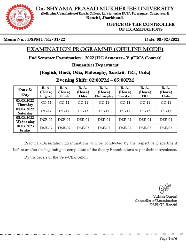 DSPMU 2022 End Semester Exam Schedule | PDF | Social Sciences | Thesis