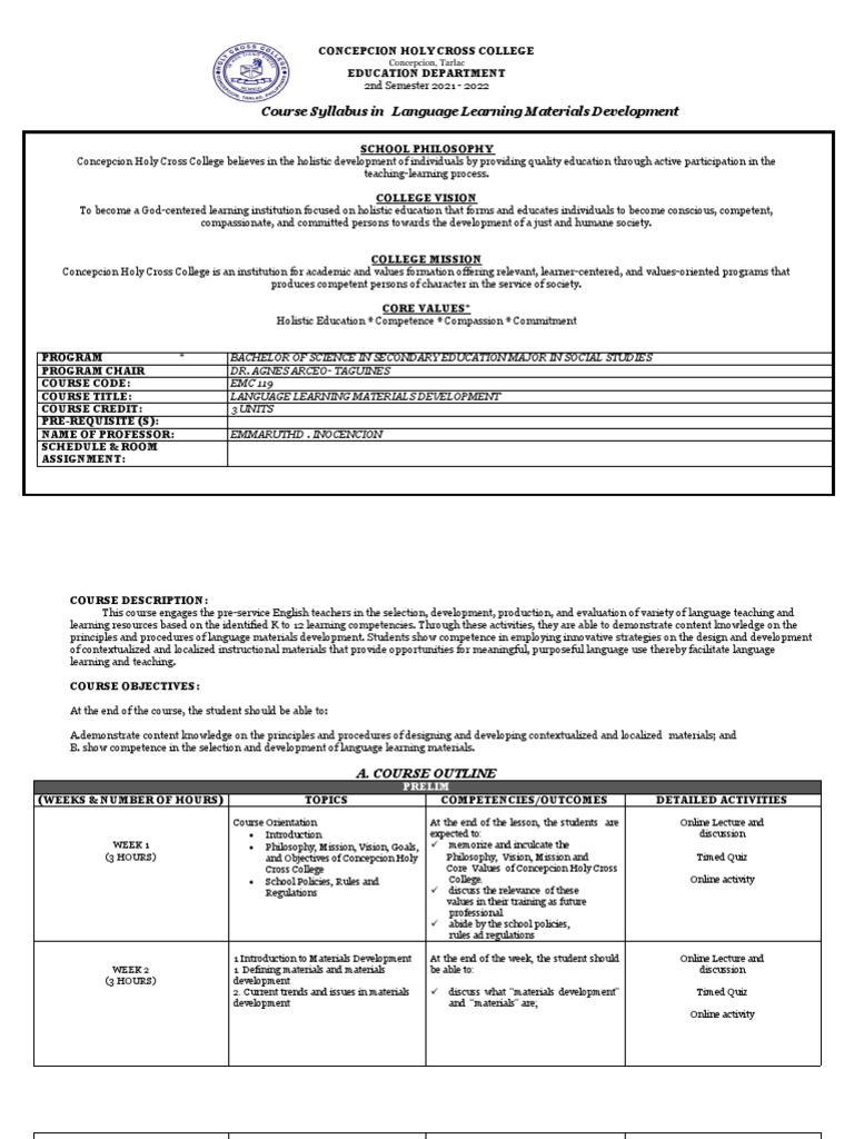 Syllabus in Language Learning Materials Developmentt PDF Learning