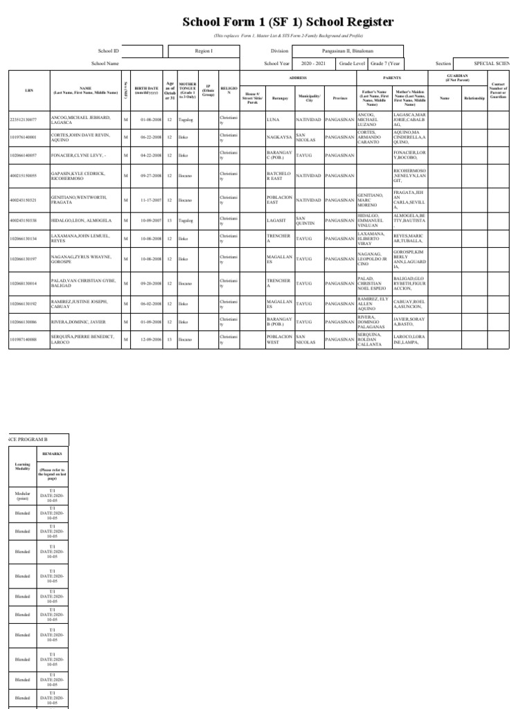 Grade 7 School Register 2020-21 | PDF | Linguistics | Languages Of Asia