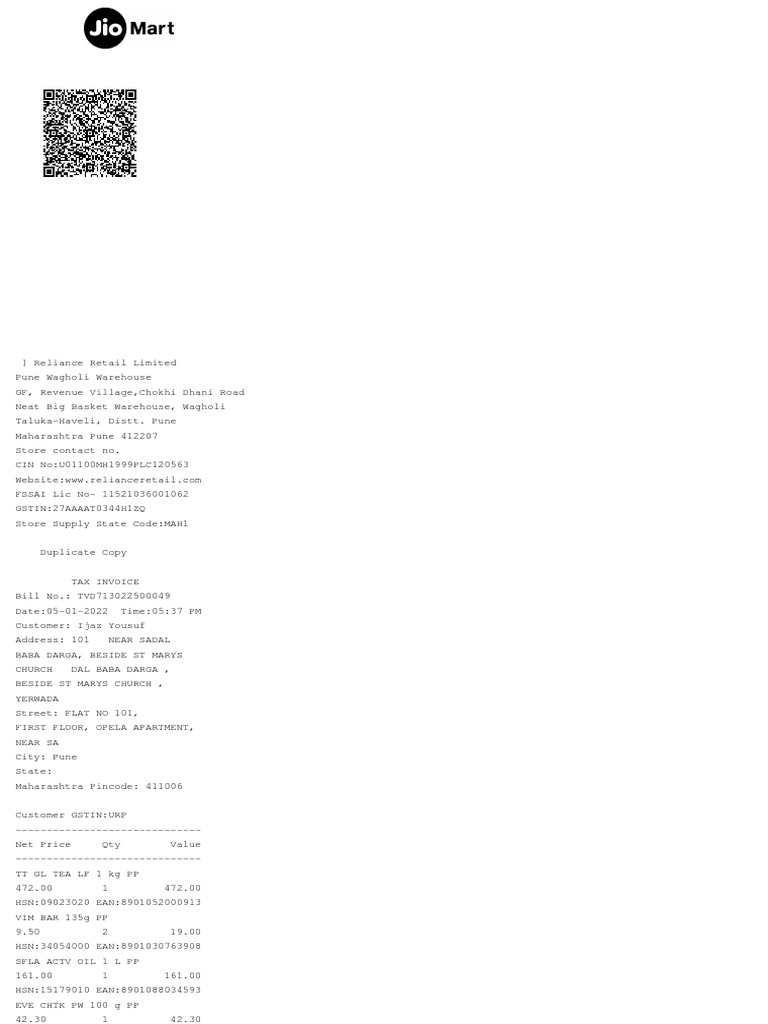 JioMart Tax Invoice Details | PDF