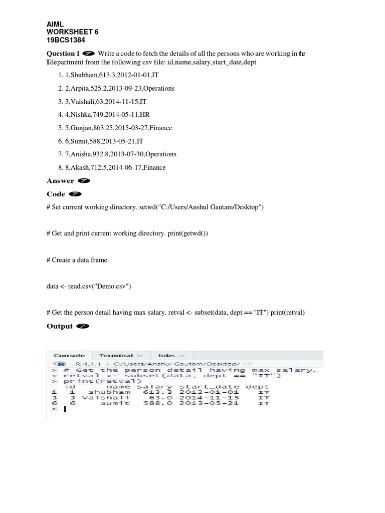 Aiml Worksheet 6 19BCS1384 Question 1 Write A Code To Fetch The Details ...
