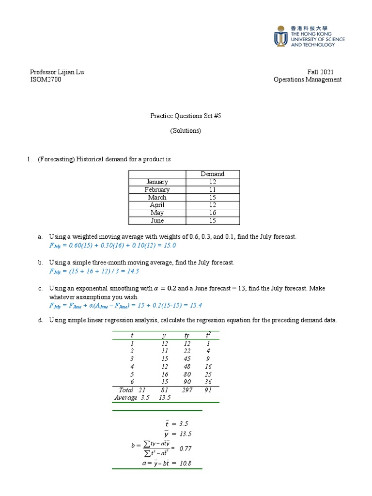 21FA ISOM2700 Practice Set5 Sol | PDF | Inventory | Demand