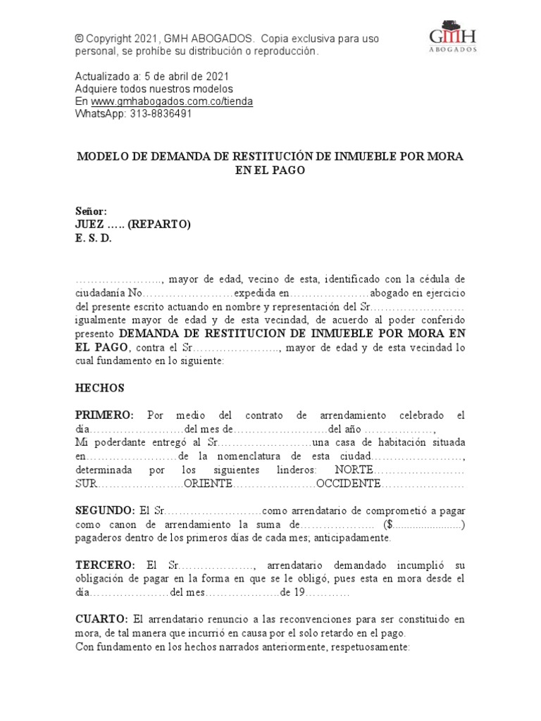 Demanda de Restitucion de Inmueble Por Mora en El Pago | PDF | Demanda ...
