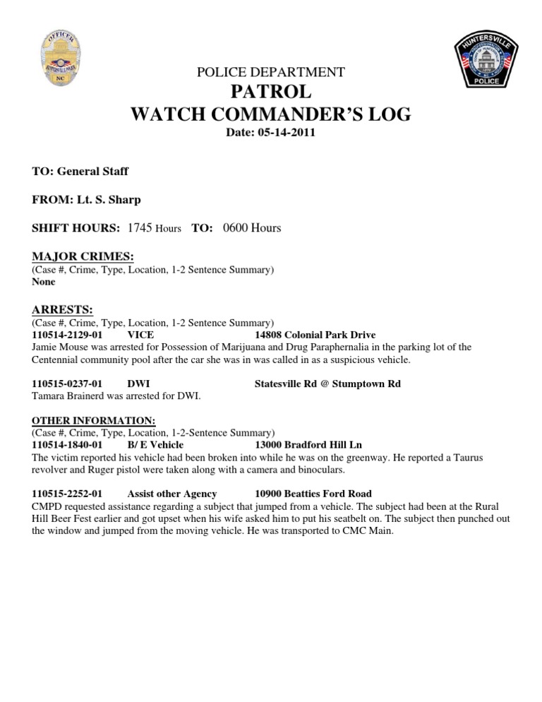 Police Patrol Watch Log - May 2011 | PDF | Social Science | Law