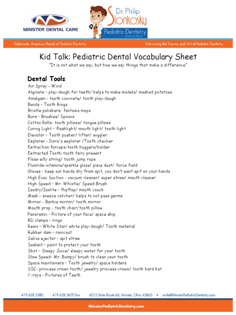 Kid Talk Pediatric Dental Vocabulary Sheet PDF Tooth Dentistry Branches