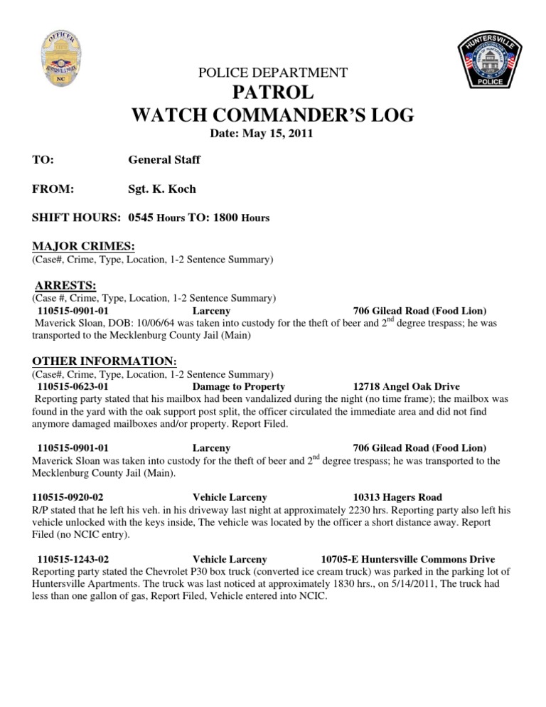 Police Patrol Watch Log - May 15, 2011 | PDF