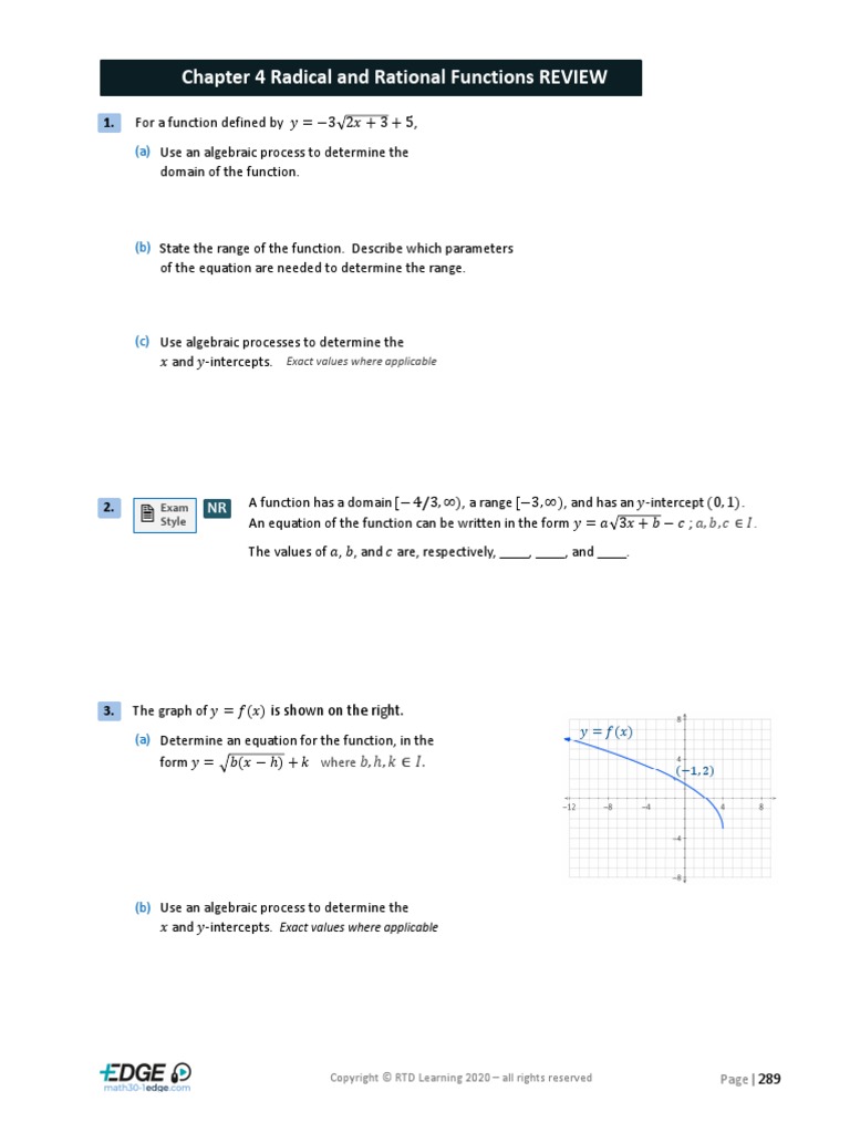 Chapter 4 Review Questions Math 30-1 Radical and Rational Functions ...