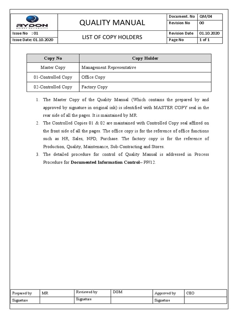 Quality Manual: List of Copy Holders | PDF
