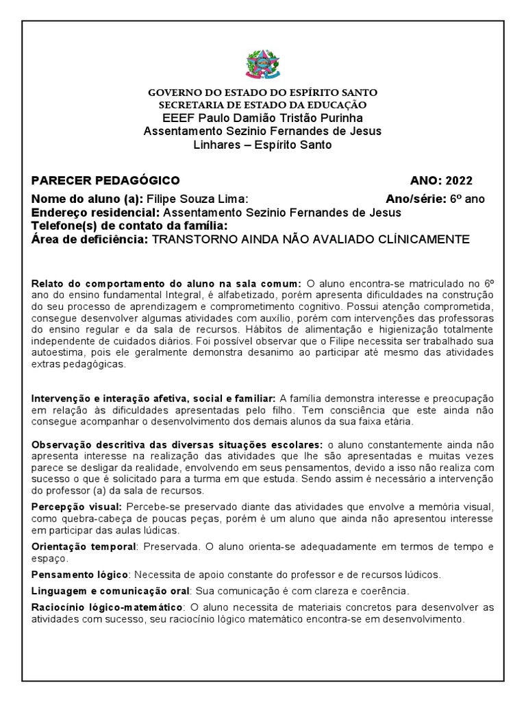 Parecer Pedagógico Atualizado 2021 | PDF | Aprendizado | Pedagogia