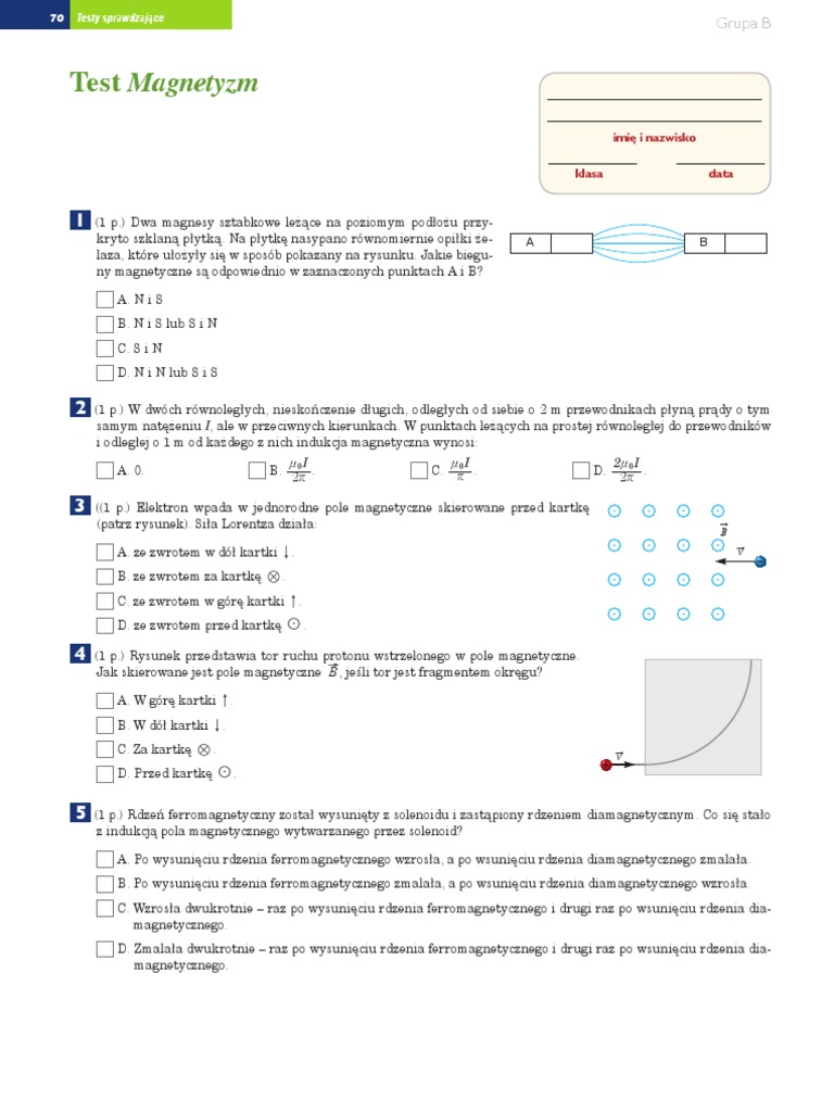 Test Fizyka Klasa 8 Magnetyzm Test Magnetyzm: Grupa B | PDF