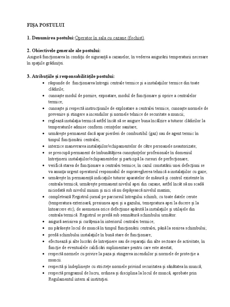 Fisa Postului-Operator-Cazane | PDF