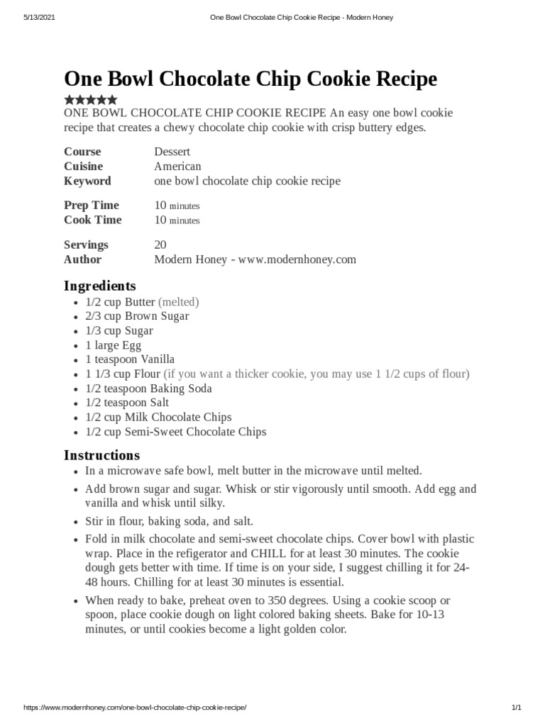 One Bowl Chocolate Chip Cookie Recipe Modern Honey PDF