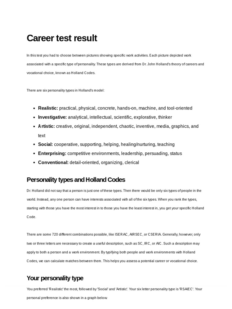 Career Test Result Personality Types And Holland Codes Pdf