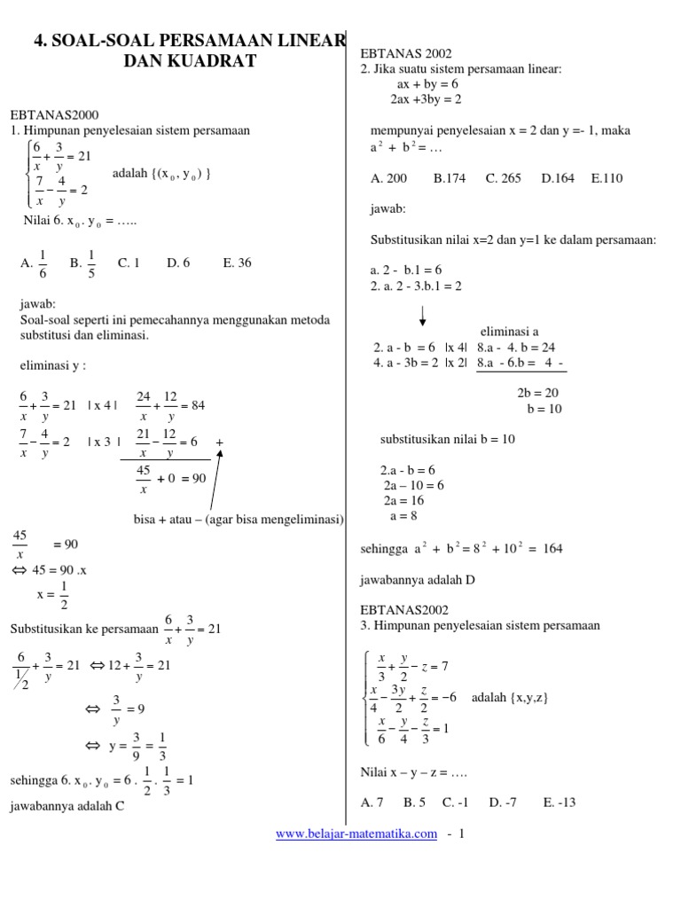 4 Soal Soal Persamaan Linear Dan Kuadrat