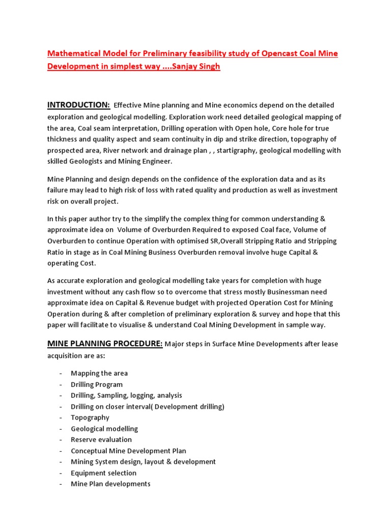 Opencast Coal Mine Feasibility Model | PDF | Coal Mining | Mining