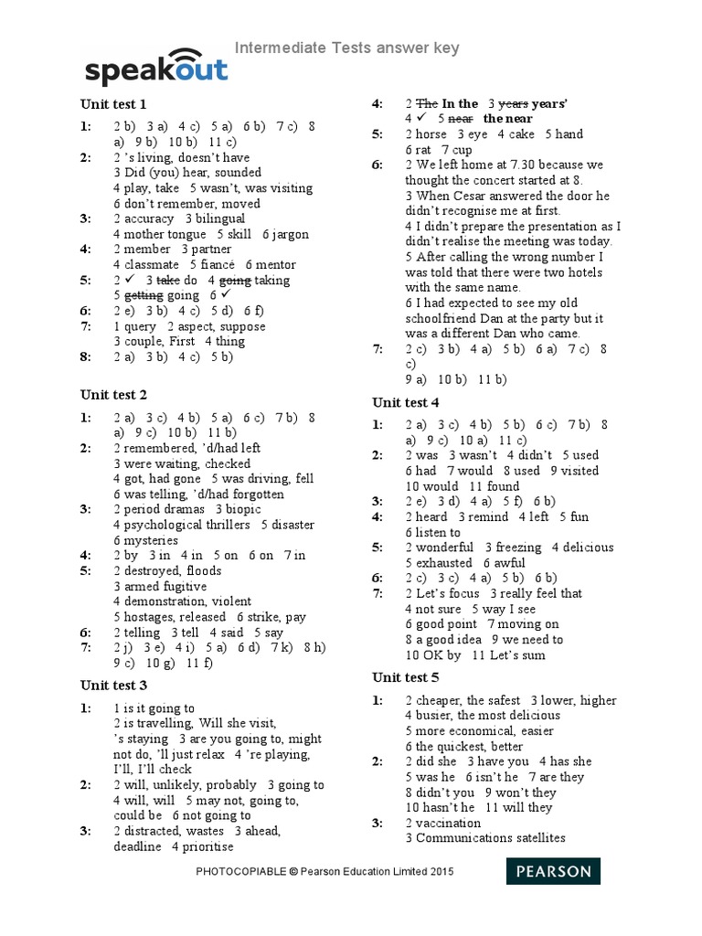 Intermediate Tests Answer Key: Unit Test 1 | PDF