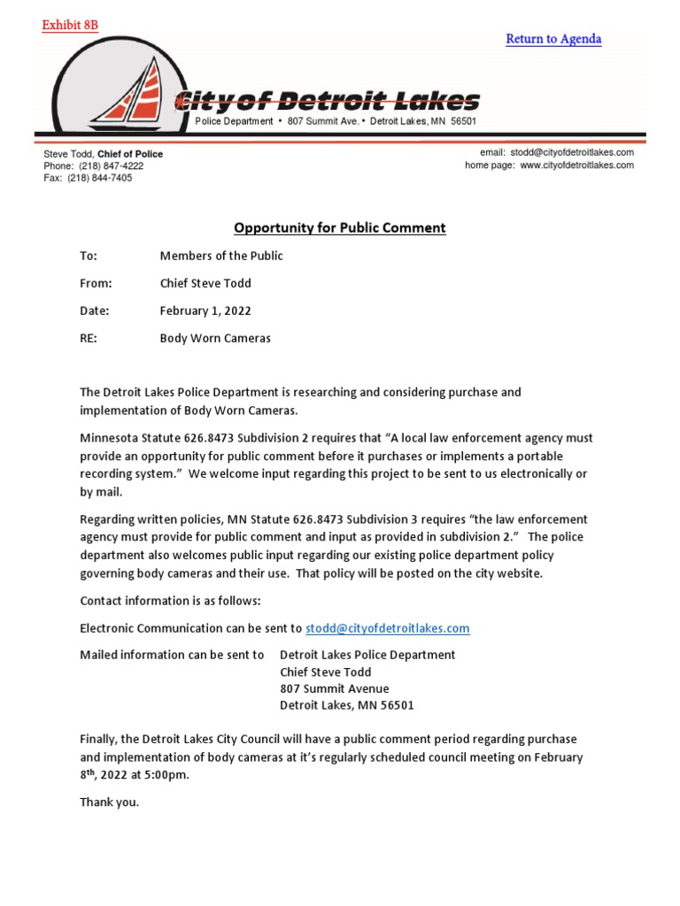 Detroit Lakes Police Department Preliminary Body Camera Policy, Feb. 8 ...