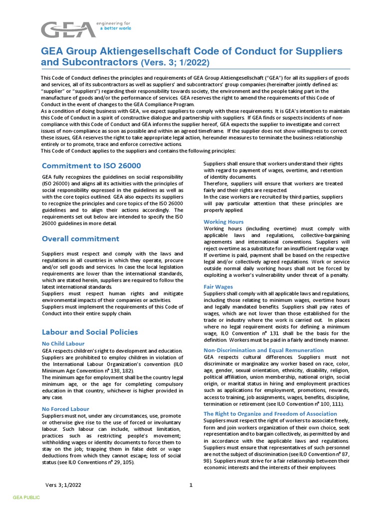 GEA Supplier Code of Conduct 2022 | PDF | Labour Law | Supply Chain