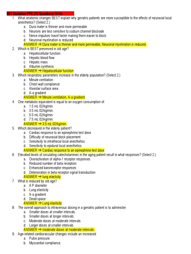 Geriatrics Quiz 10 Questions PDF Anesthesia Heart