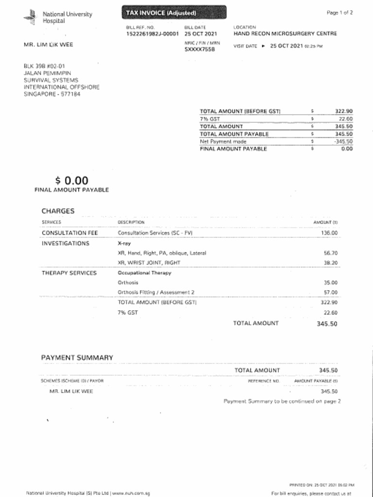 National University Hospital Bill Summary | PDF | Invoice | Trade
