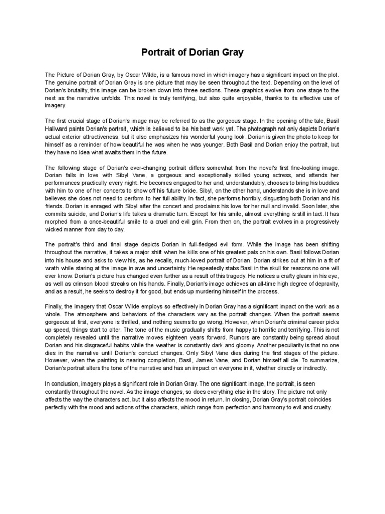 Portrait of Dorian Gray Essay PDF The Picture Of Dorian Gray
