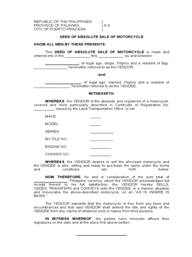 Sample Deed of Sale of Motorcycle | PDF | Deed | Justice