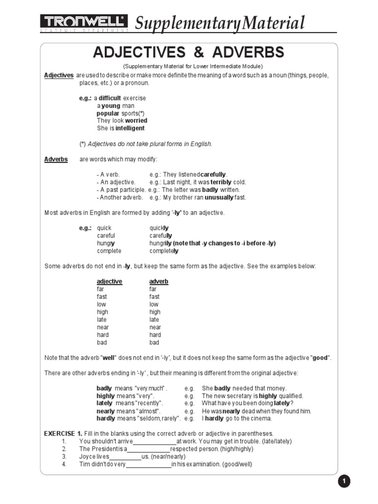 Lower Intermediate 2019 Adjectives and Adverbs PDF Adjective Adverb