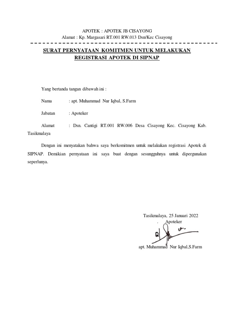 Surat Pernyataan Komitmen Registrasi Apotek Di Sipnap | PDF
