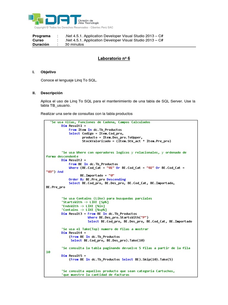 Laboratorio 6.1 - C# | PDF | SQL | Consulta integrada de idiomas