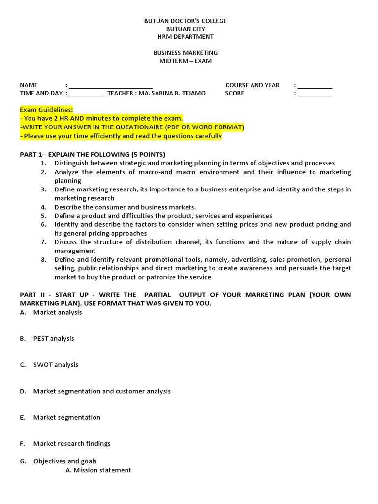 Business Marketing Midterm Exam Guide | PDF | Career & Growth | Finance ...