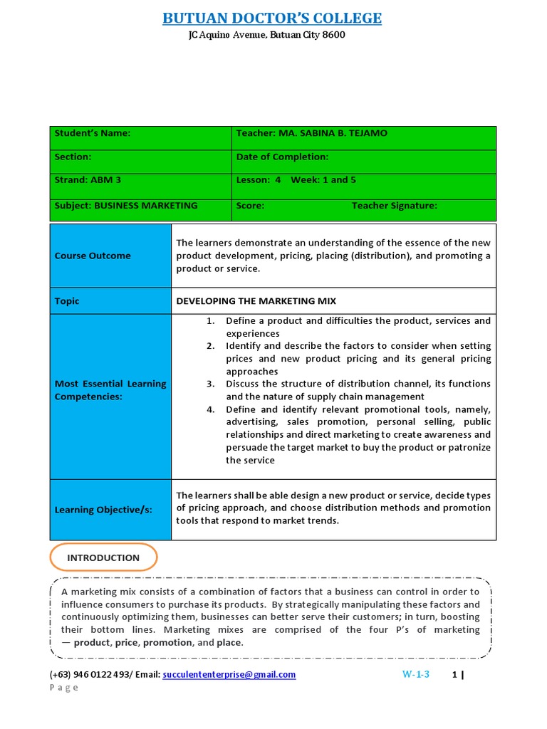 Business Marketing Module 4 Developing The Marketing Mix Pdf
