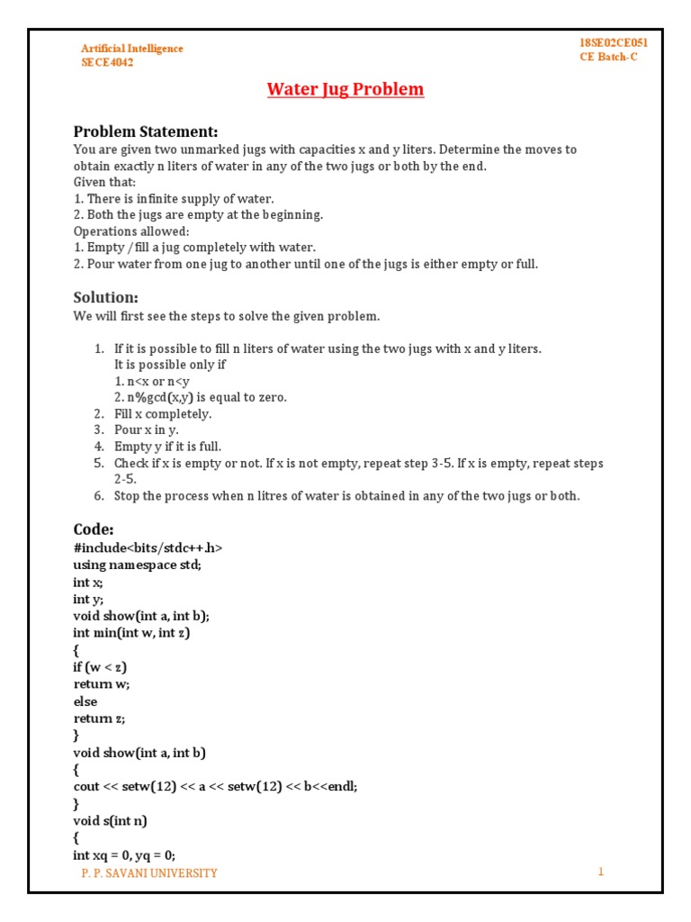 Water Jug Problem (18SE02CE051) PDF Computer Programming Computing