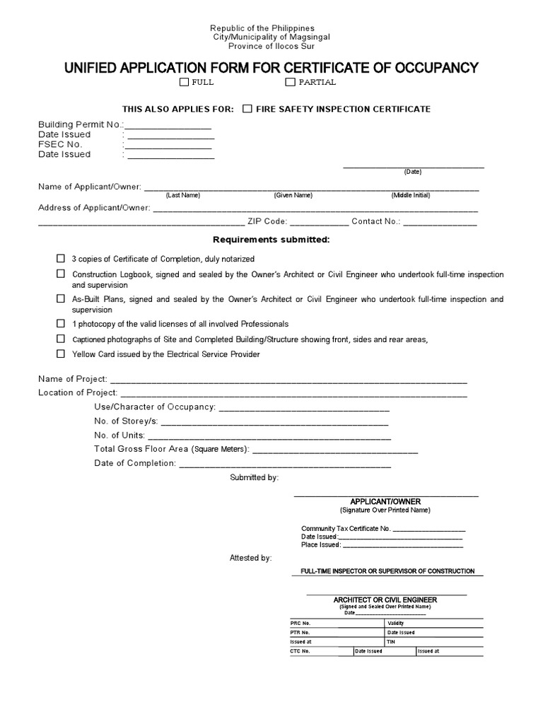 Unified Application Form For Certificate of Occupancy: This Also ...