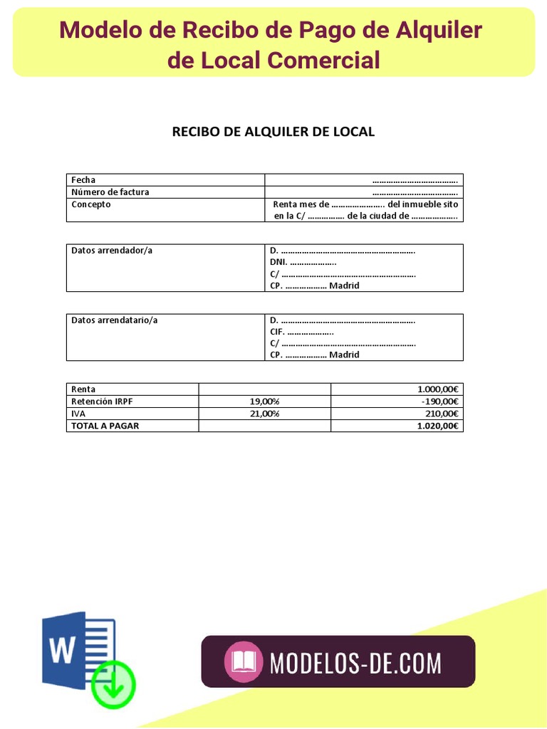 Recibo De Pago Alquiler Modelo de Recibo de Pago de Alquiler de Local | PDF