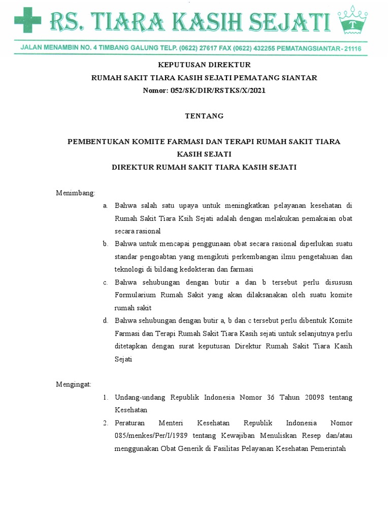 Keputusan Direktur Rumah Sakit Tiara Kasih Sejati PDF