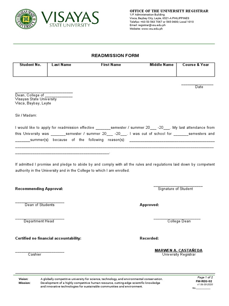 VSU Readmission Form Instructions | PDF | University | Natural Environment