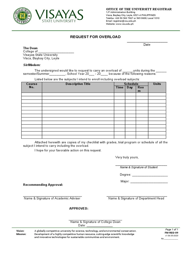 FM-REG-09 Request For Overload | PDF | Science