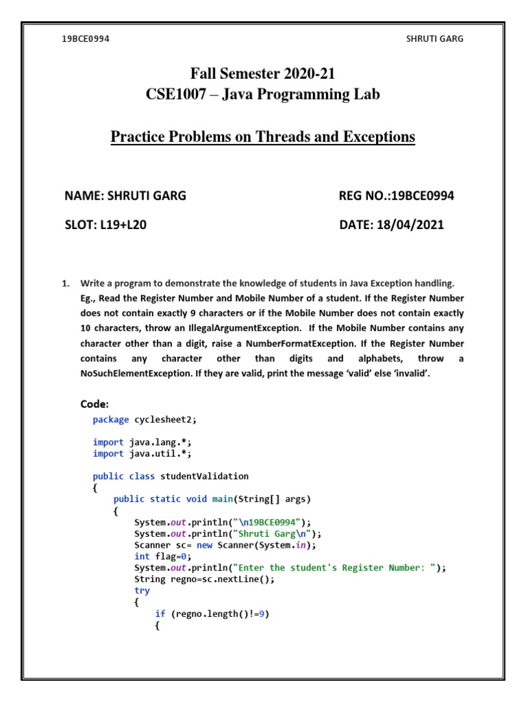 Fall Semester 2020-21 CSE1007 - Java Programming Lab | Download Free ...