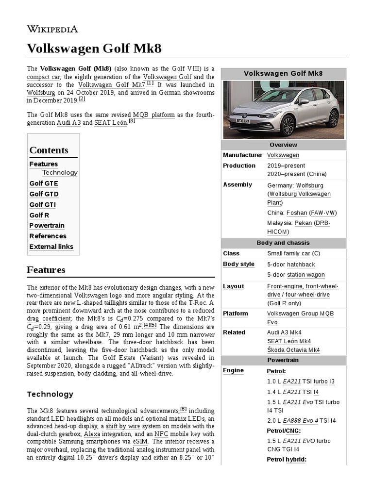 Volkswagen Golf Mk8, PDF, Land Vehicles