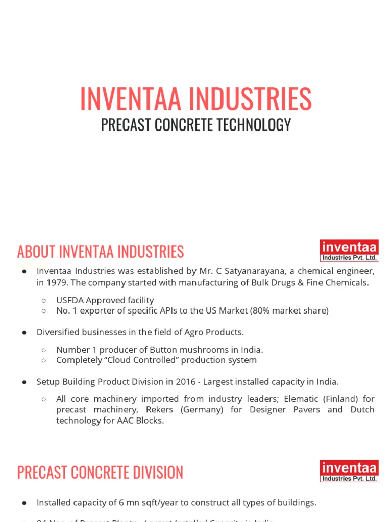 Inventaa Industries - Company Profile | PDF | Precast Concrete | Concrete