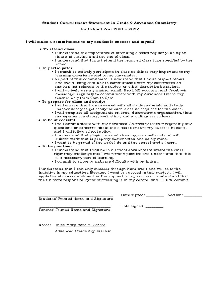 Student Commitment Statement in Grade 9 Advanced Chemistry For SY 2021 ...